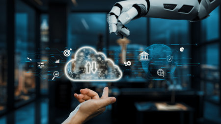 A robotic hand reaches towards a cloud symbol, surrounded by digital icons, representing the future of technology and data interaction in a stylized office setting.の写真素材