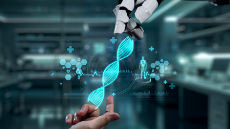 Robot and human reaching hand and pointing finger with DNA holographic floating. Close up of robotic...