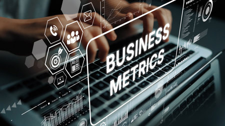 Business Analytics Dashboard with Metrics Displayed on Laptop Keyboard in a Modern Office Environment. Asymptotic smart data analytic.の写真素材