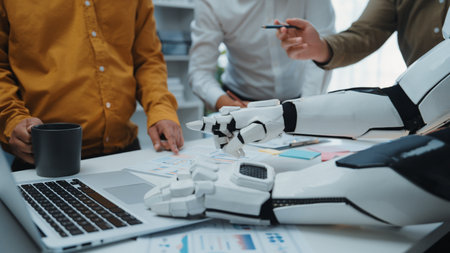 A futuristic robot arm engages in a business meeting, showcasing collaboration between humans and...