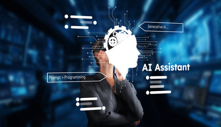 This image showcases a futuristic AI assistant concept featuring a profile silhouette with digital circuits. It represents innovation in technology, programming, and intelligence.の写真素材