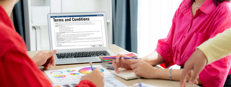 Digital legal contract provide terms and conditions document on computer screen ready for online digital signature for deal agreement of future business briskの写真素材