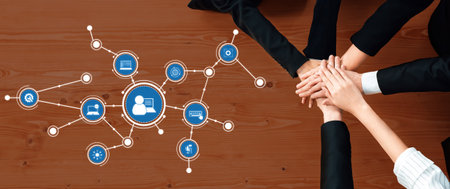 This image captures the essence of teamwork and collaboration in a business environment with diverse...
