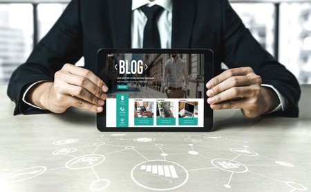 blogging concept, web blog Social Media Information network snugly. social media online content, freelance worker, working online, content creator, blogger, website, reading blog online on computerの写真素材