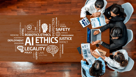 A diverse team engages in a thoughtful discussion about AI ethics and governance, surrounded by key...