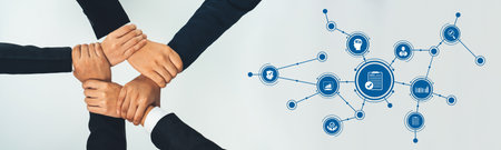 Office worker team stacking hand together symbolize successful group of business partnership and...