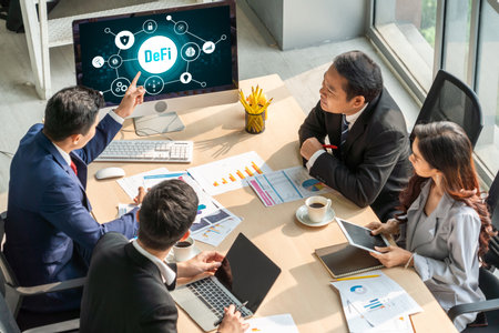 Decentralized finance or DeFi concept on modish computer screen . The defi system give new choice of investment and money saving .の写真素材