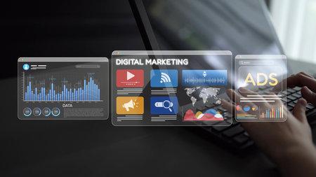 Online ads and digital marketing help brands grow. Content marketing builds engagement. Marketing tools boost ROI. Effective ads and marketing drive online business success. Muxerの写真素材