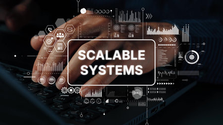 Hands Typing on Laptop Keyboard with Digital Graphics Featuring Scalable Systems Concept and Data Visualization Elements. Asymptotic smart data analytic.の写真素材