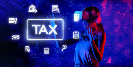 A woman interacts with virtual tax concepts in an immersive digital setting, showcasing innovative approaches to tax planning and financial management in a modern environment.の写真素材