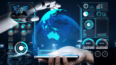 AI-powered global network interface enabling real-time data interaction, virtual assistant support, and artificial intelligence-driven internet communication insights. Thunkの写真素材