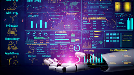 AI artificial intelligence promotes sustainability via eco-smart planning, green virtual advisors, and intelligent systems for long-term environmental responsibility.の写真素材