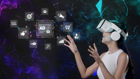 A young woman in a virtual reality headset engages with digital ads in a vibrant digital environment, illustrating the future of technology and online advertising strategies.の写真素材