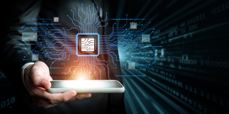Human interact with AI artificial intelligence brain processor in concept of AI artificial intelligence engineering, big data and AI machine learning to use generative AI for business support. EIDEの写真素材