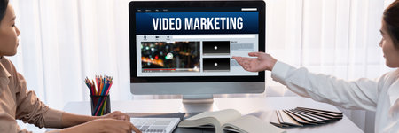 Video Marketing Concept on Laptop Screen. Video Marketing Advertising Business on Social Media and brisk Internet Network Technology Conceptの写真素材