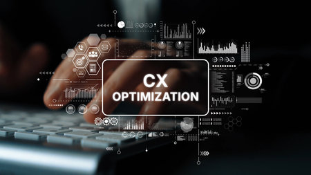 Focused Hands on Keyboard with Digital Graphics for Customer Experience Optimization Concept. Asymptotic smart data analytic.の写真素材