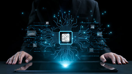 This image showcases a futuristic technology interface with a central circuit board design, highlighting the integration of digital elements and modern computing concepts. Qubitの写真素材