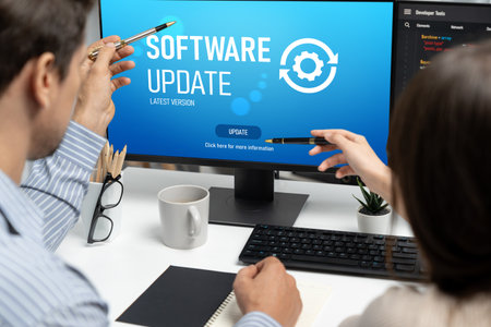 Software update on computer for brisk version of device software upgradeの写真素材
