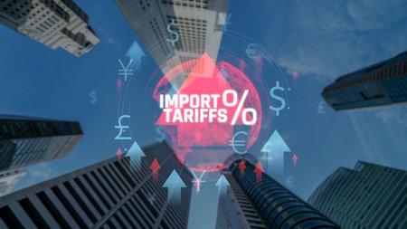 Import Tariffs Concept Represented with Skyscraper Background and Graphic Elements Emphasizing Taxation and Economic Impact. Consignment.の写真素材
