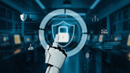 A robot hand interacts with a digital security interface, symbolizing cybersecurity in a modern control room. The image represents the future of technology and protection. Auvanaの写真素材