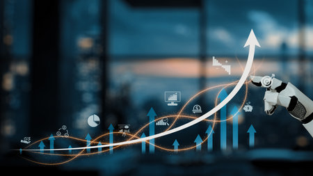 A futuristic robot hand points at a rising graph in a modern office, showcasing data analysis and business growth through digital icons and innovative technology concepts.の写真素材