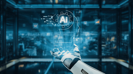 A futuristic robotic hand showcases the concept of artificial intelligence in a high-tech environment, symbolizing innovation, technology, and digital integration in urban life.の写真素材