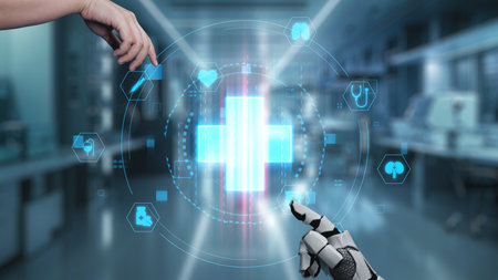 Robot and human reaching hand and pointing finger with medical cross icon floating. Close up of robotic hands and human working together while pointing finger at laboratory background. Salubrious.の写真素材