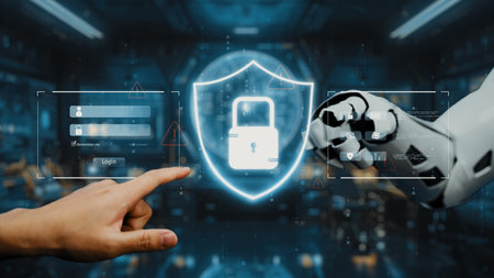 A high-tech illustration showcasing the interaction between a human hand and a robotic arm, focused on a digital lock symbol, emphasizing security and innovation. Auvanaの写真素材