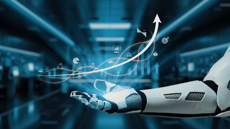 A robotic hand extends into a high-tech environment, showcasing dynamic data visualizations and upward graphs. This image symbolizes innovation, growth, and the impact of technology.の写真素材