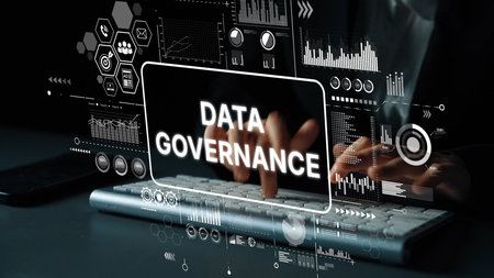 Business Professional Engaging in Data Governance with Digital Graphics and Analytics Visualization Background. Asymptotic smart data analytic.の写真素材