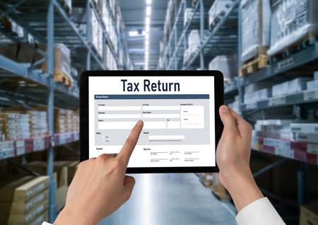 Online tax return form for submitting individual income tax return form snugly on the internet website. Government web for tax payment and return. Taxation technology concept.の写真素材