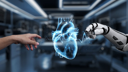 Robot and human reaching hand and pointing finger with heart holographic floating. Close up of robot hand and human working together while pointing finger at blurred laboratory background. Salubrious.の写真素材