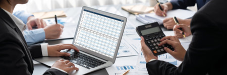 Business intelligence and data analysis concept. Analyst team working on financial data analysis dashboard on laptop screen as marketing indication for effective business strategic planning. Insightの写真素材
