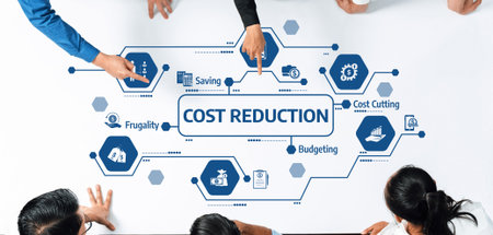 Explore effective cost reduction strategies with visuals highlighting budgeting, savings, frugality, and innovative techniques for optimizing business performance and driving success.の写真素材