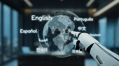 A robotic hand points at a digital globe displaying various languages in an office environment, symbolizing global communication and advanced technology. Auvanaの写真素材