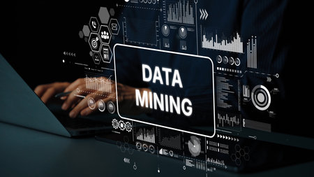 Futuristic Concept of Data Mining with Hands on Laptop Surrounded by Graphs and Analytical Data Visualizations. Asymptotic smart data analytic.の写真素材