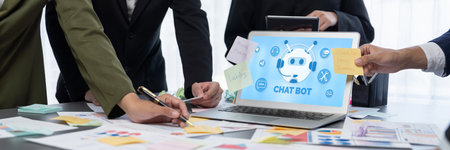 Analyst team use sticky note for creative and analytic brainstorm for business idea with BI data dashboard on laptop screen. Analysis financial data visualization tech for marketing strategy.の写真素材