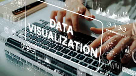 Data Visualization Concept with Hands Typing on Laptop Keyboard Surrounded by Digital Graphs and Charts. Asymptotic smart data analytic.の写真素材