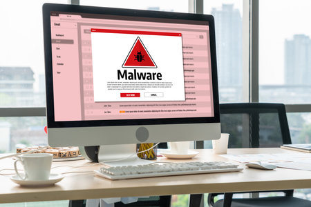 Cyber attacking concept. Malware alert showing on computer screen display scam and threat detection on computer system or online server to be removed snugly.の写真素材