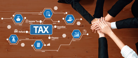 A diverse business team collaborates on tax planning, discussing financial strategies and...