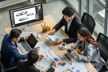 Electric car design software on computer screen showing simulation blueprint snugly by digital calculating application for manufacturing preparationの写真素材