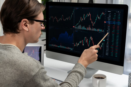 Smart stock investors pointing interesting market stock exchange on pc with laptop screen. Financial...