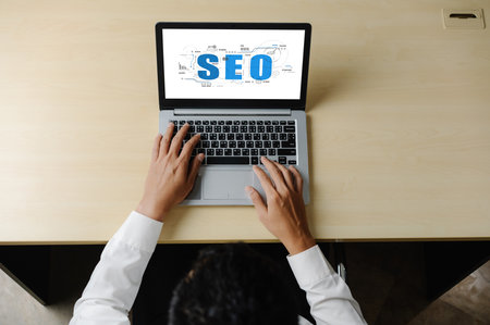 SEO search engine optimization for modish e-commerce and online retail business showing on computer screenの写真素材
