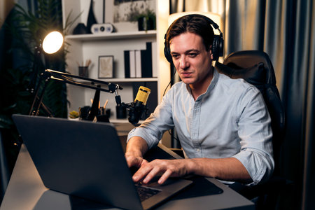 Host channel smart broadcaster talking on live social media application searching on laptop,...