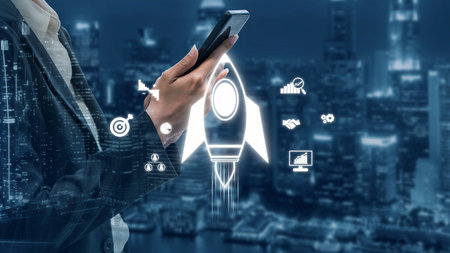 Startup launch and business growth concept, rocket symbolism, entrepreneurship, startup innovation,...