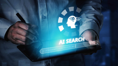 AI search engine systems enhance SEO data access. Intelligent search engines powered by AI improve search results. AI-driven search tools help process and retrieve relevant AI information. Muxerの写真素材