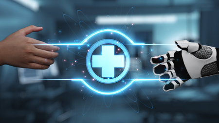 Close up of human and robot reaching hand for handshaking with medical cross holographic floating at...