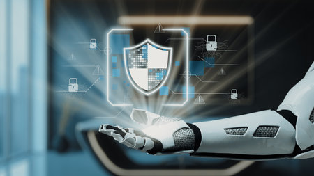 A futuristic robot hand presents a digital shield graphic, symbolizing cyber security and protection...