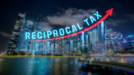 Analysis of Reciprocal Tax Concepts with Visual Representation of Financial Growth Against a City Skyline Background. Consignment.の写真素材