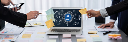 Analyst team use sticky note for creative and analytic brainstorm for business idea with BI data...